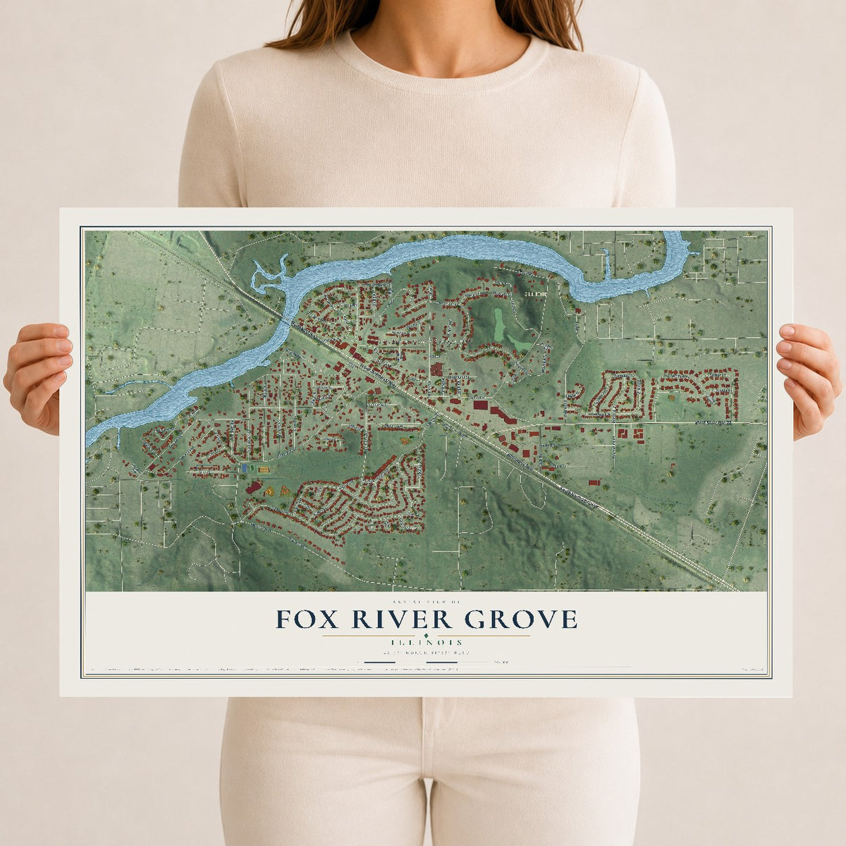 Map of Fox River Grove, Illinois, 12 x 18 inch unframed archival matte print