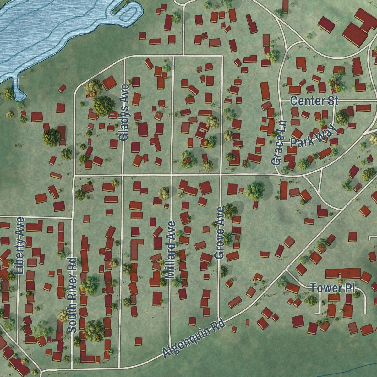 Close-up of the map of Fox River Grove, Illinois print showing street and building detail