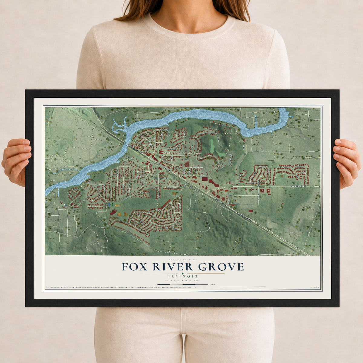 Map of Fox River Grove, Illinois, 12 x 18 inch print in a black wood frame
