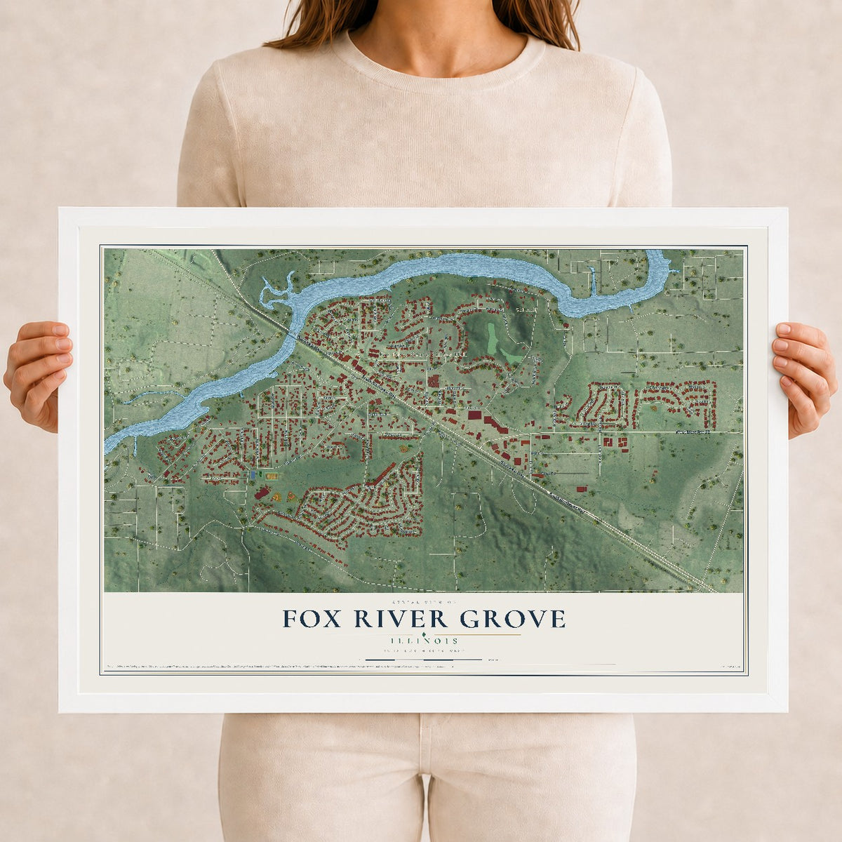Map of Fox River Grove, Illinois, 12 x 18 inch print in a white wood frame