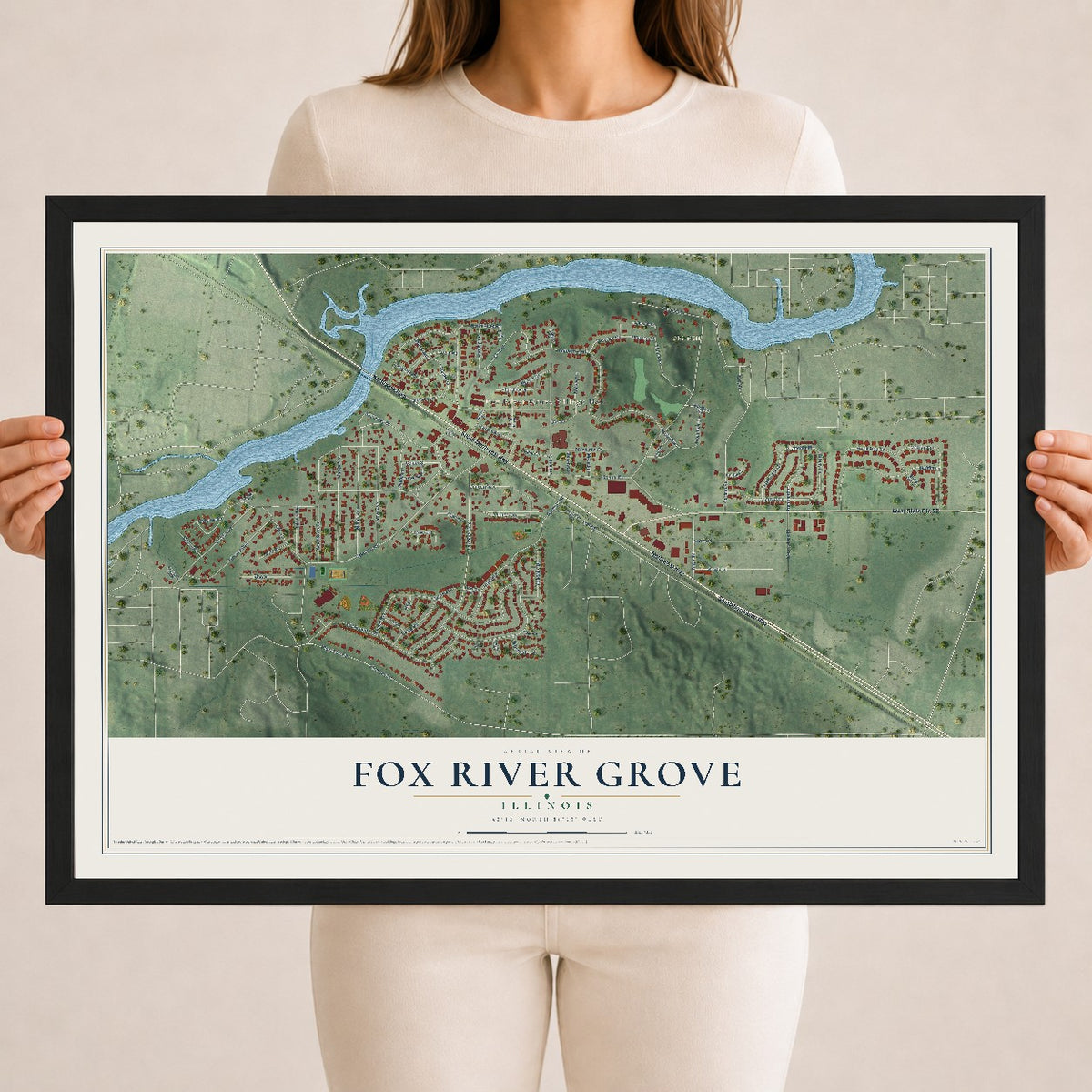 Map of Fox River Grove, Illinois, 18 x 24 inch print in a black wood frame