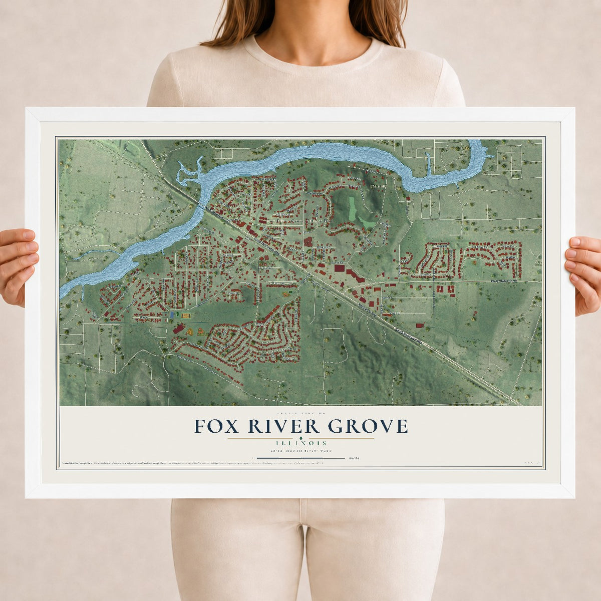 Map of Fox River Grove, Illinois, 18 x 24 inch print in a white wood frame