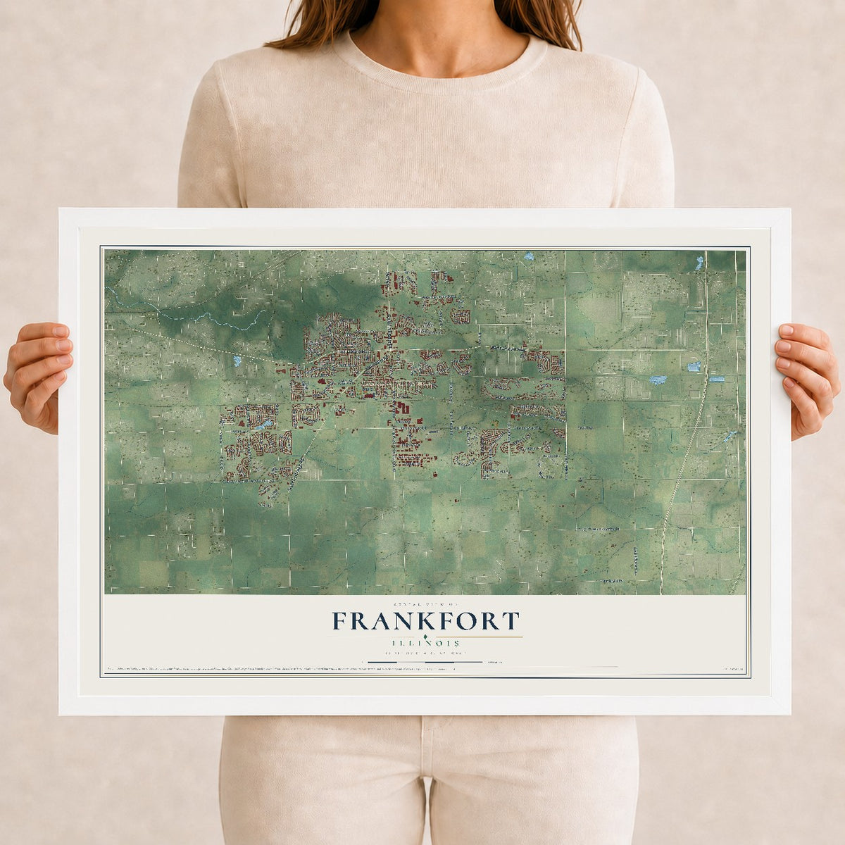 Map of Frankfort, Illinois, 12 x 18 inch print in a white wood frame