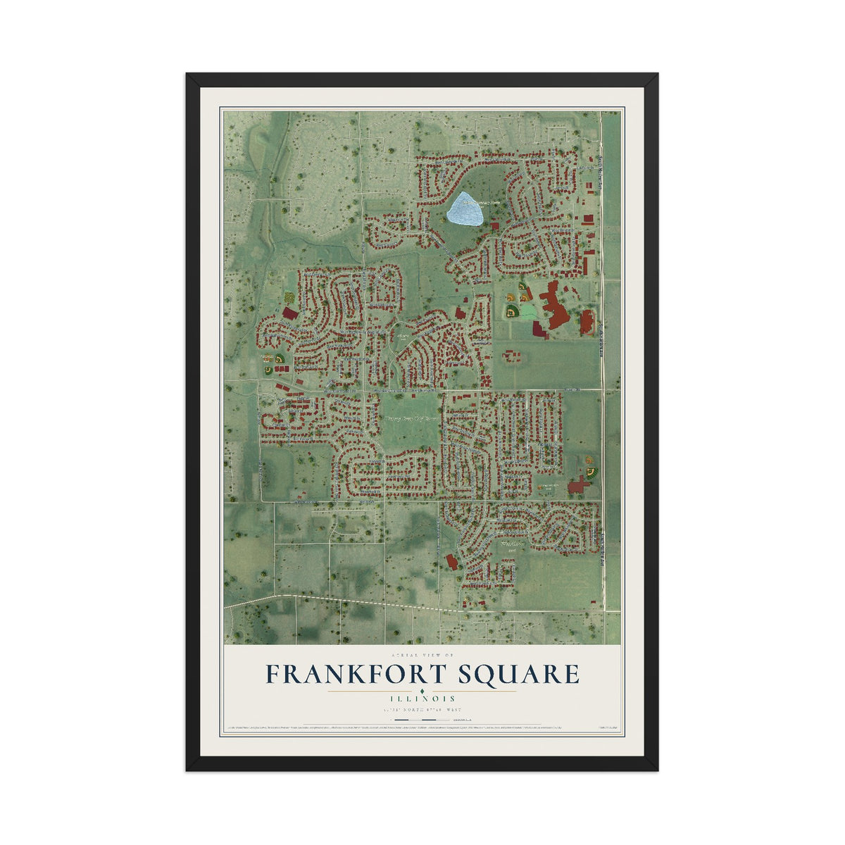Map of Frankfort Square, Illinois, 12 x 18 inch print in a black wood frame