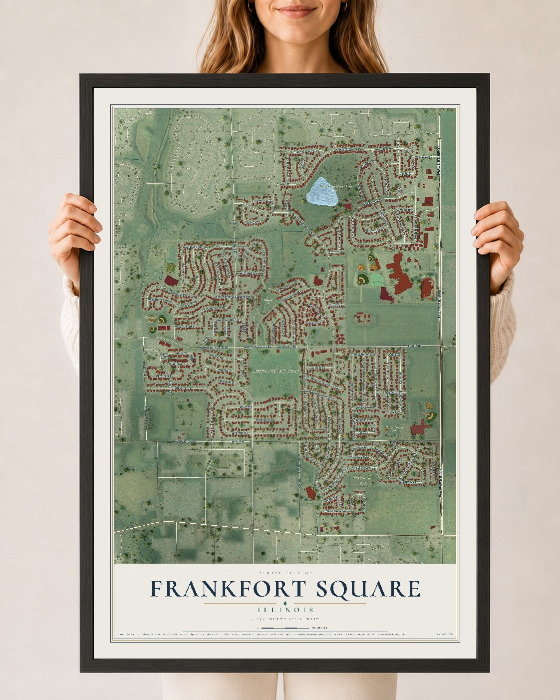 Map of Frankfort Square, Illinois, 24 x 36 inch print in a black wood frame