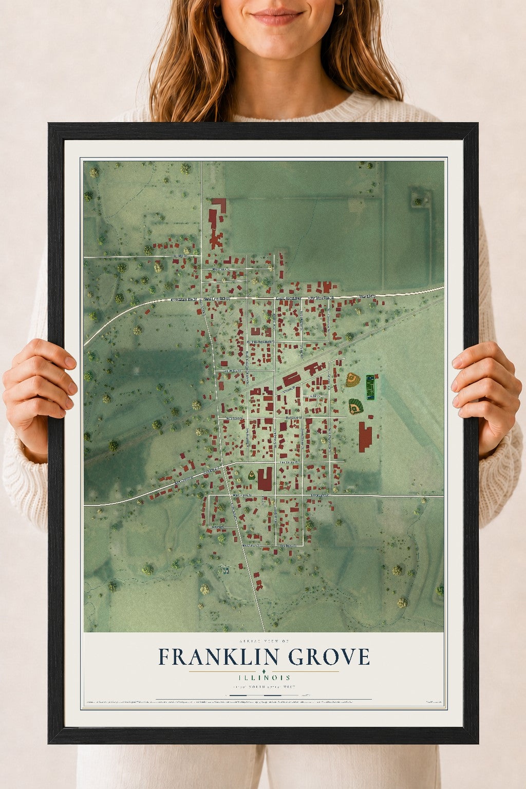 Map of Franklin Grove, Illinois, 18 x 24 inch print in a black wood frame
