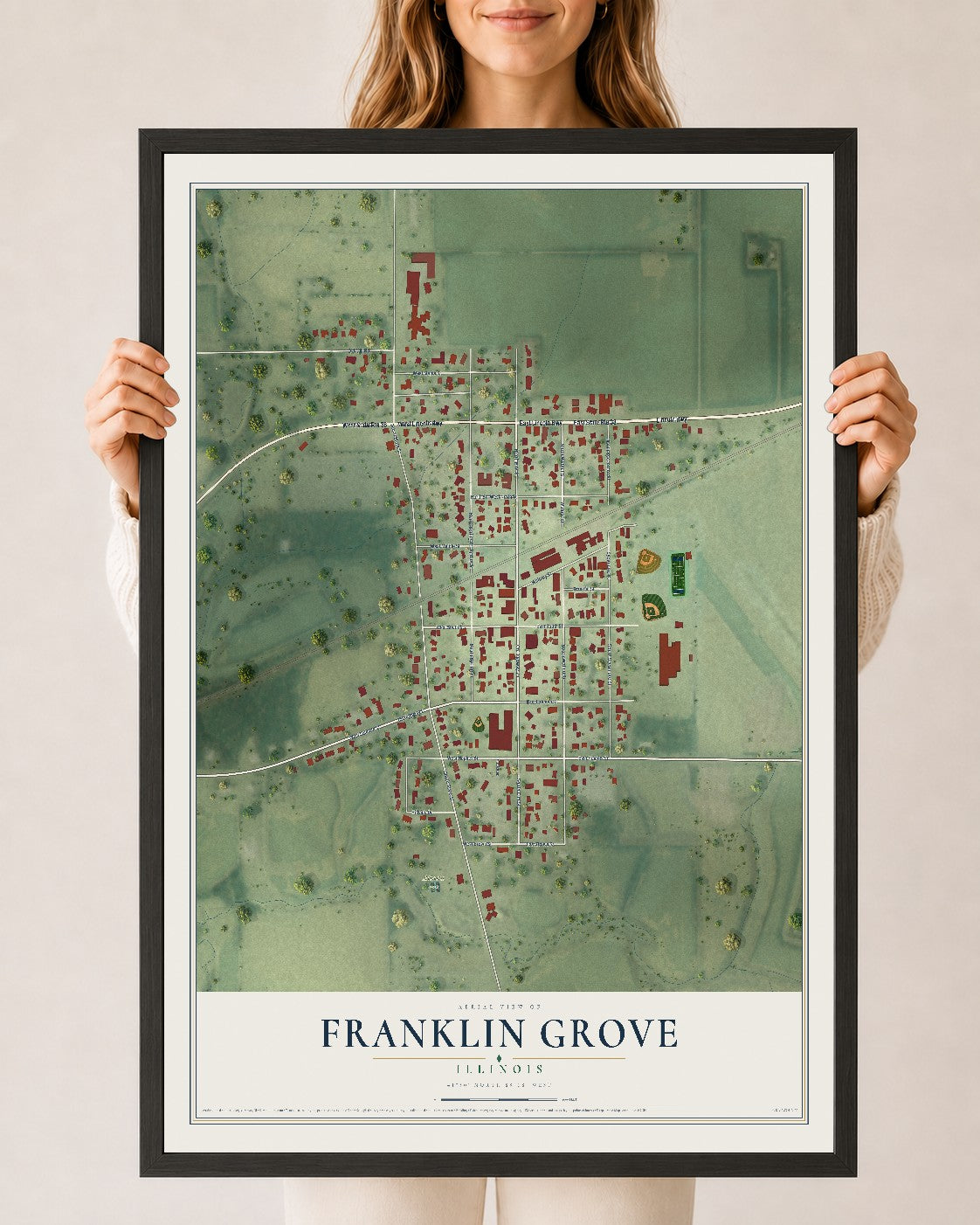 Map of Franklin Grove, Illinois, 24 x 36 inch print in a black wood frame