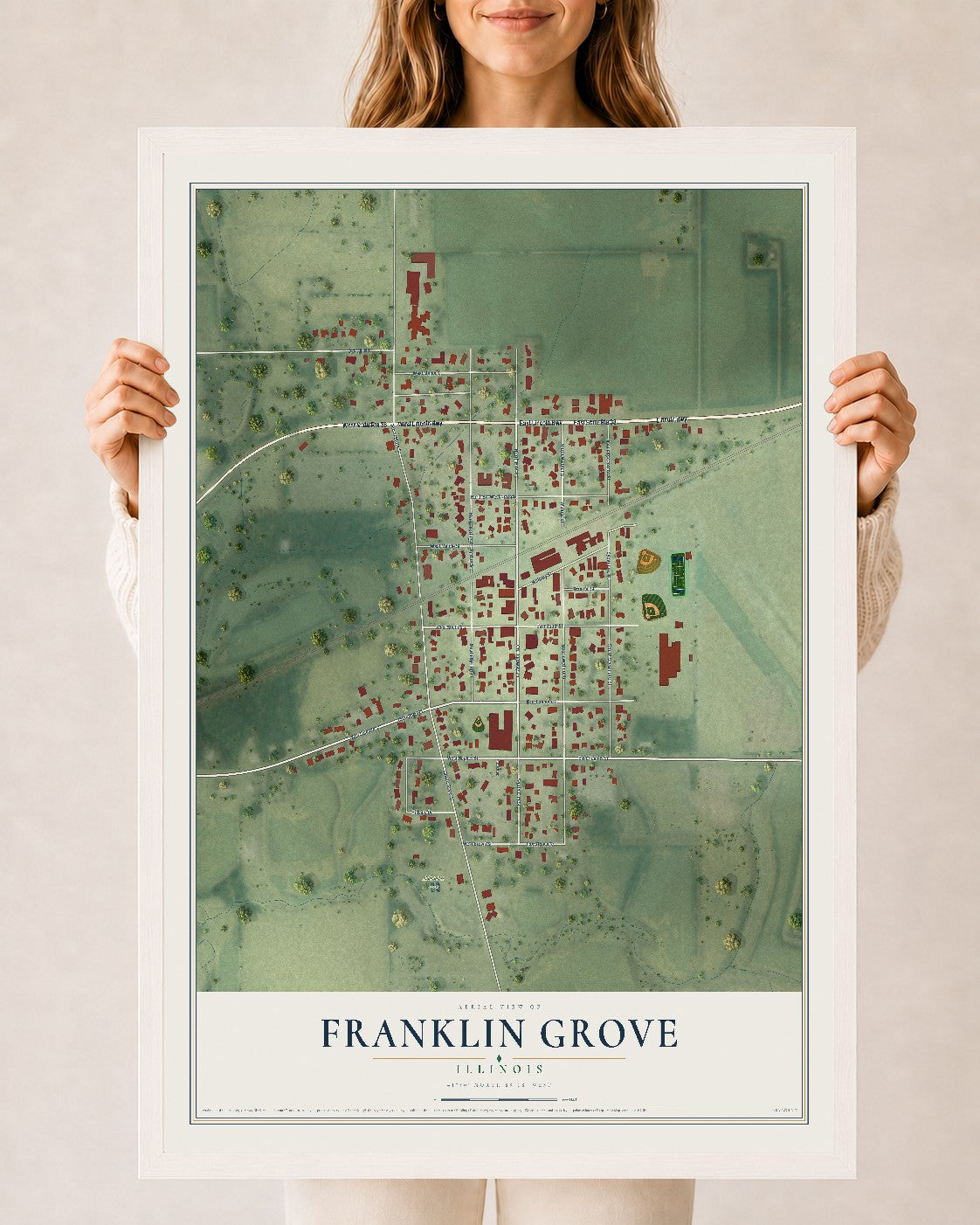 Map of Franklin Grove, Illinois, 24 x 36 inch print in a white wood frame