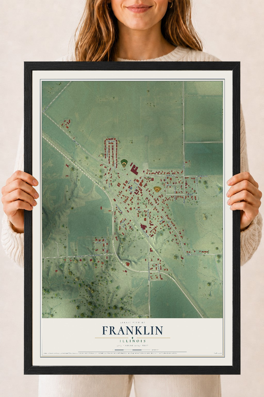 Map of Franklin, Illinois, 18 x 24 inch print in a black wood frame