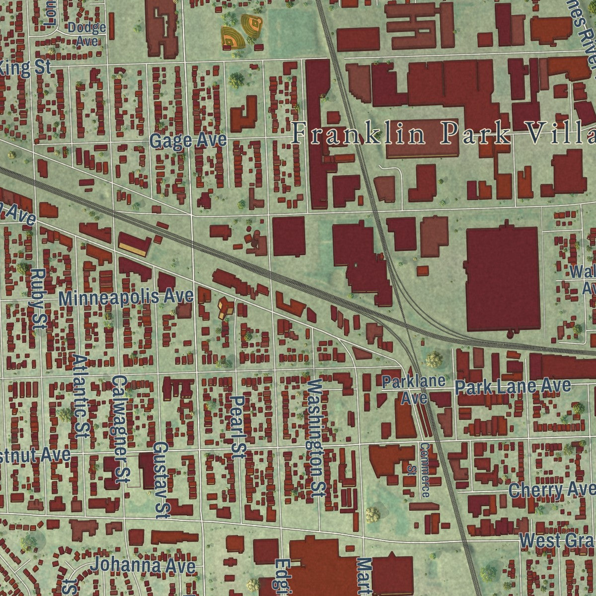Close-up of the map of Franklin Park, Illinois print showing street and building detail