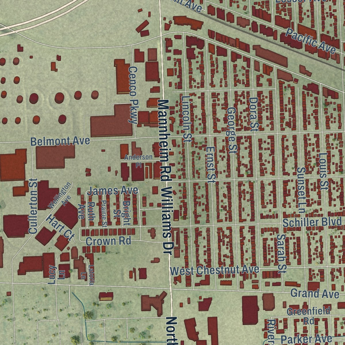 Second close-up of the map of Franklin Park, Illinois print showing more streets and buildings