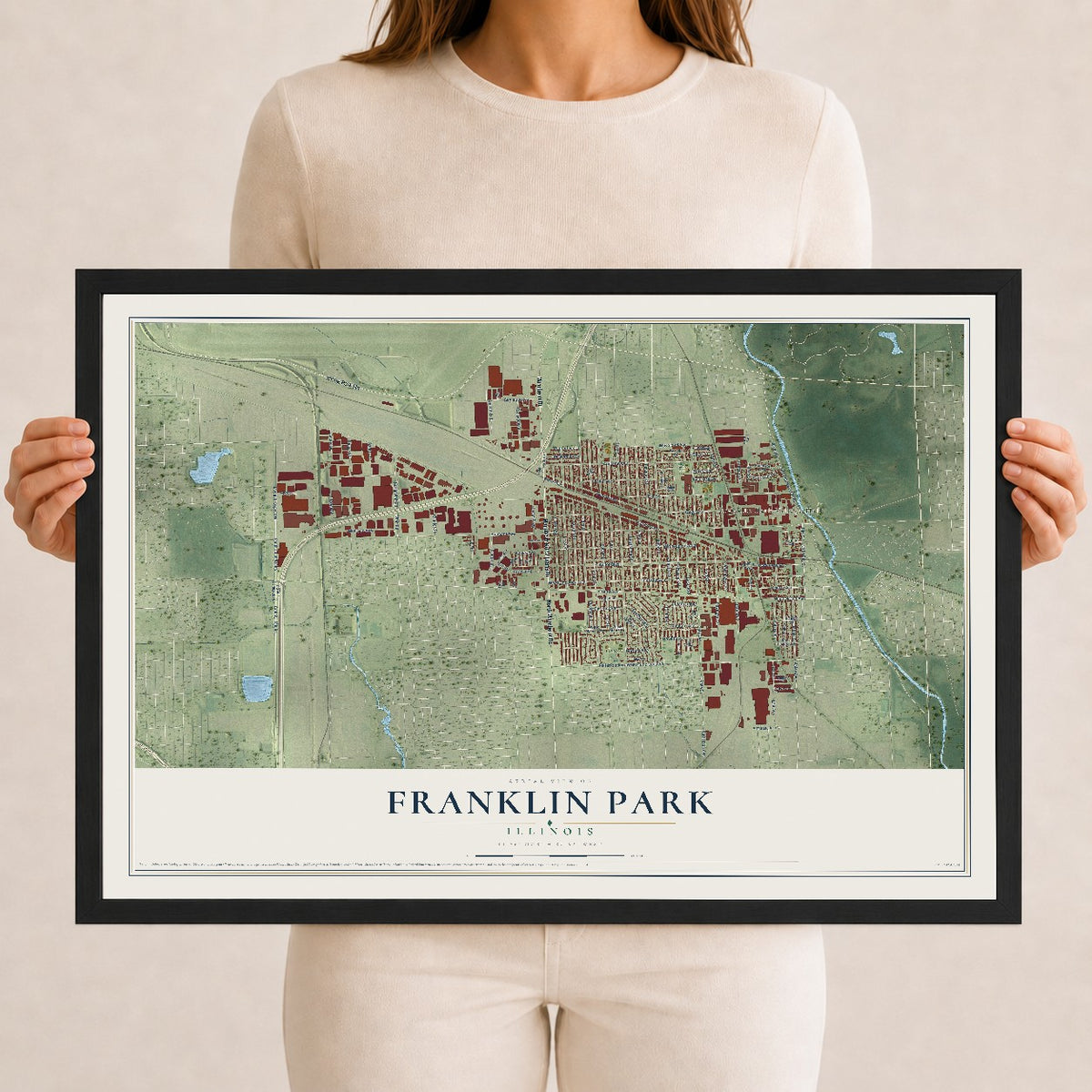 Map of Franklin Park, Illinois, 12 x 18 inch print in a black wood frame