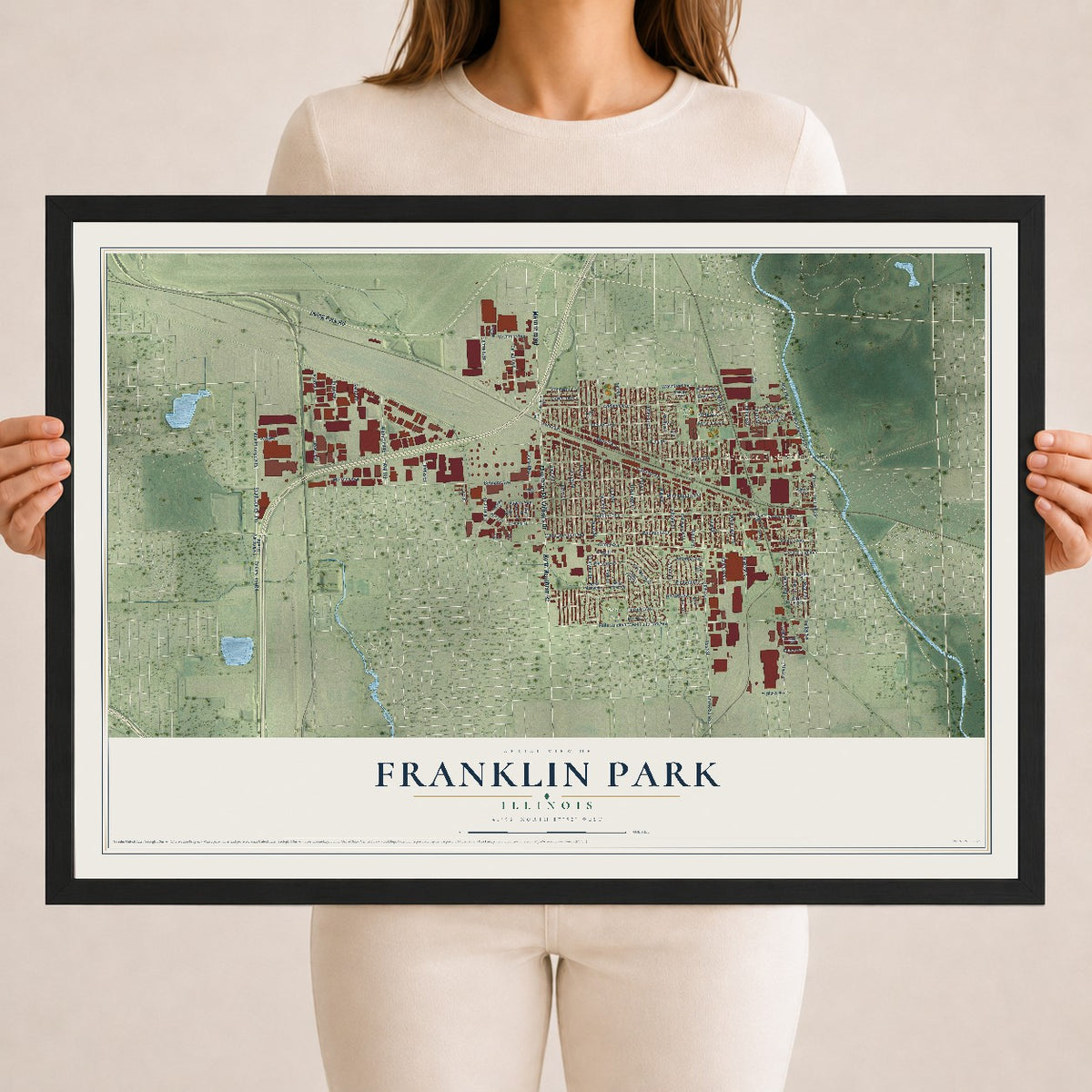 Map of Franklin Park, Illinois, 18 x 24 inch print in a black wood frame