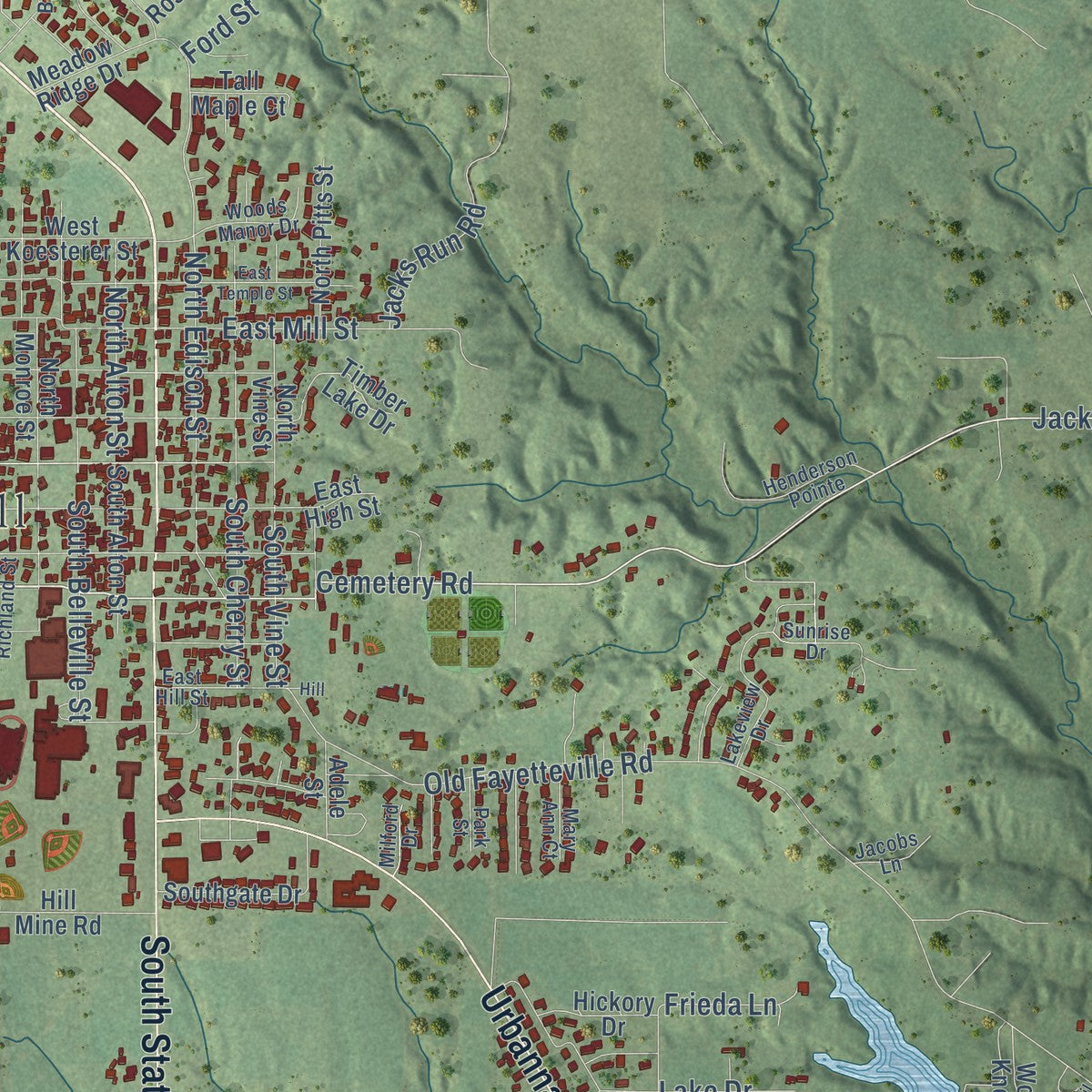 Close-up of the map of Freeburg, Illinois print showing street and building detail