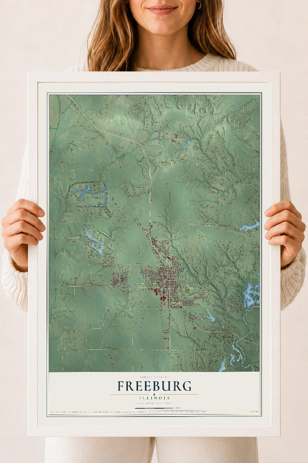 Map of Freeburg, Illinois, 18 x 24 inch print in a white wood frame
