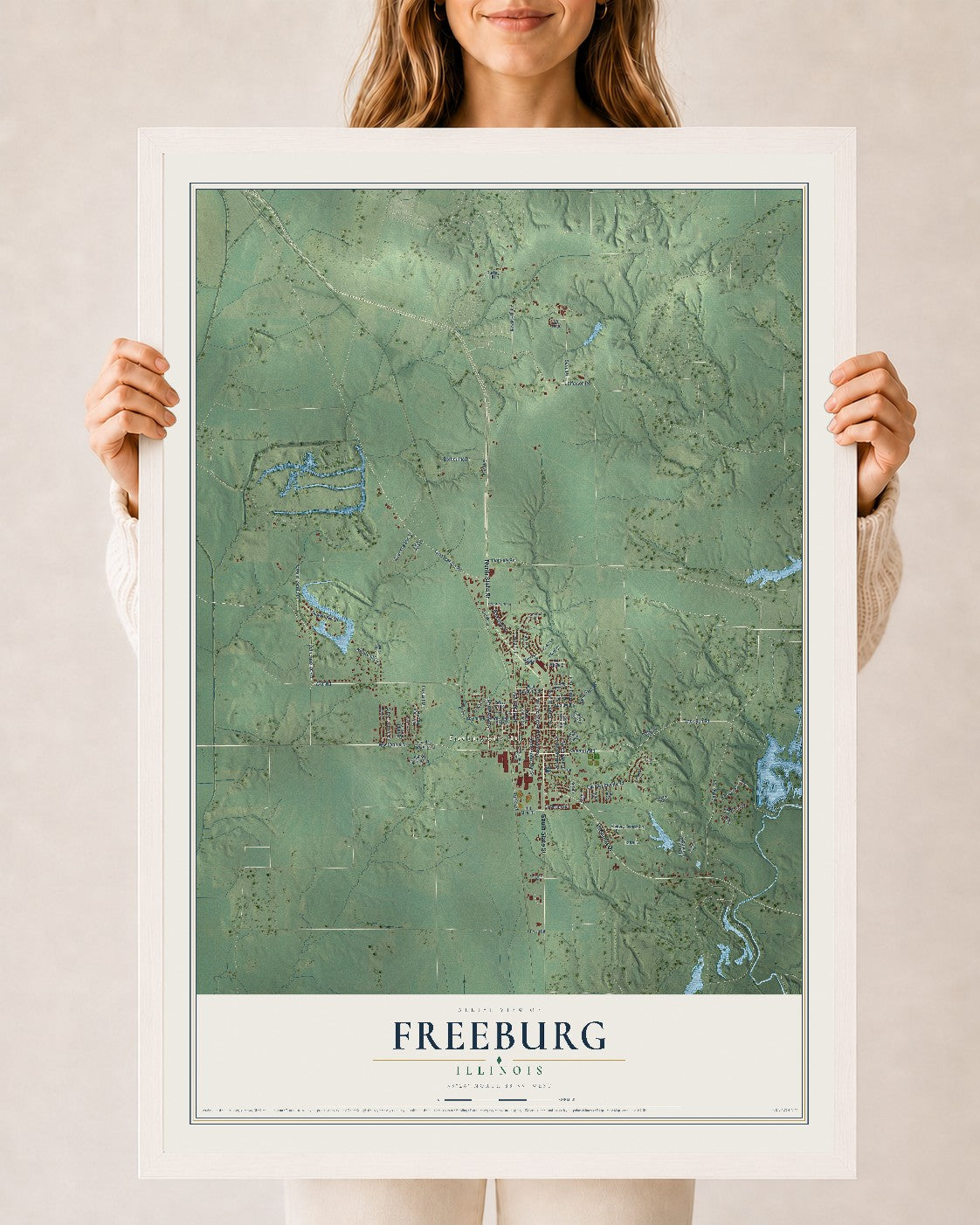 Map of Freeburg, Illinois, 24 x 36 inch print in a white wood frame
