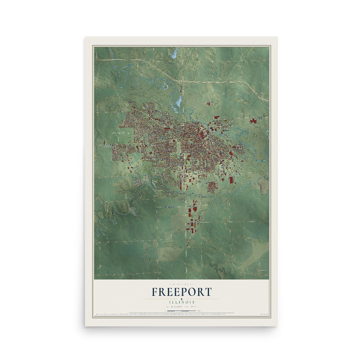 Map of Freeport, Illinois, 12 x 18 inch unframed archival matte print