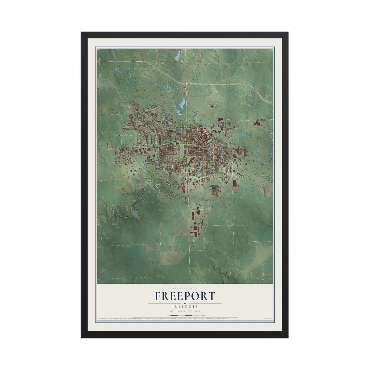 Map of Freeport, Illinois, 12 x 18 inch print in a black wood frame
