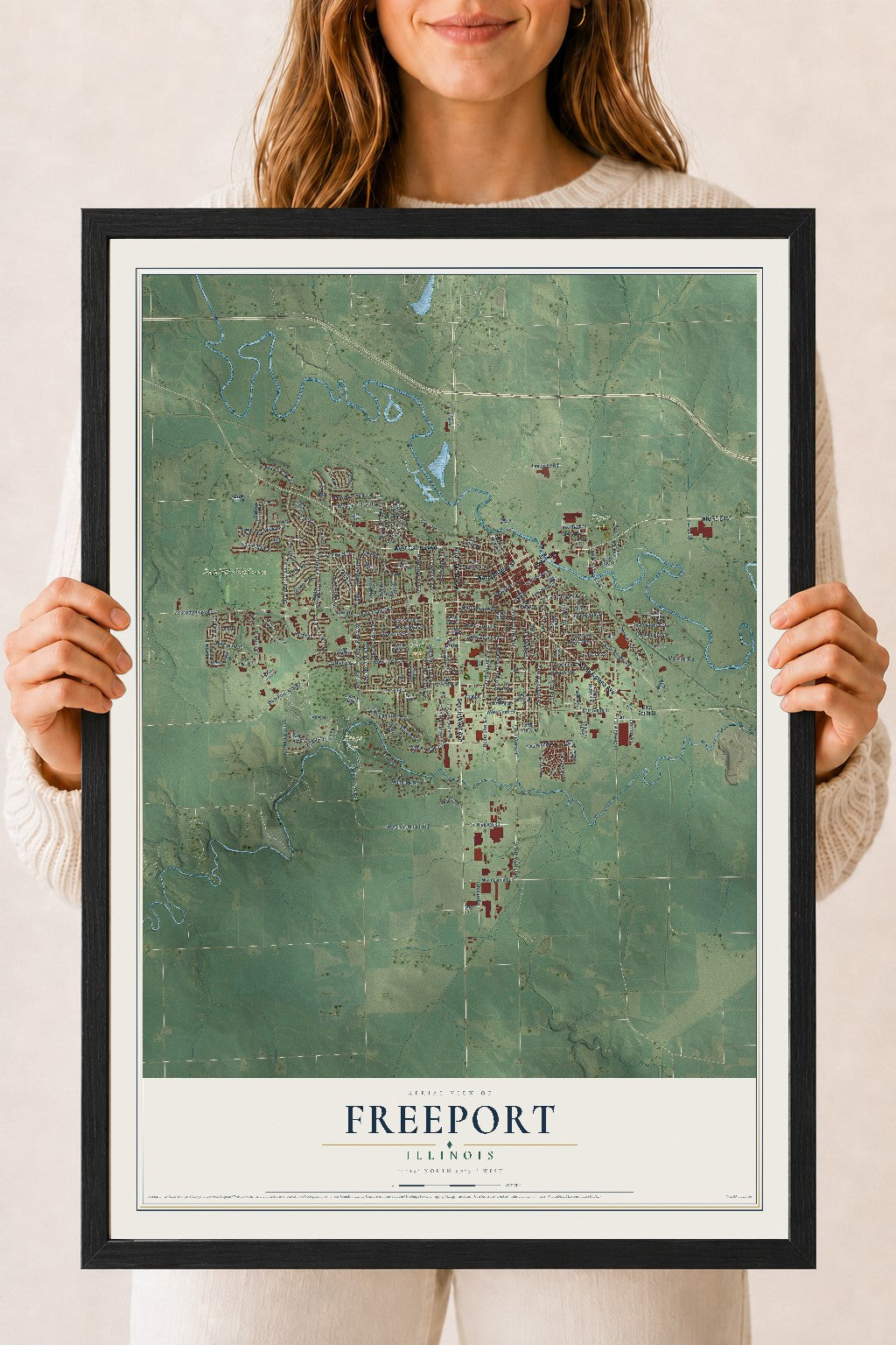 Map of Freeport, Illinois, 18 x 24 inch print in a black wood frame