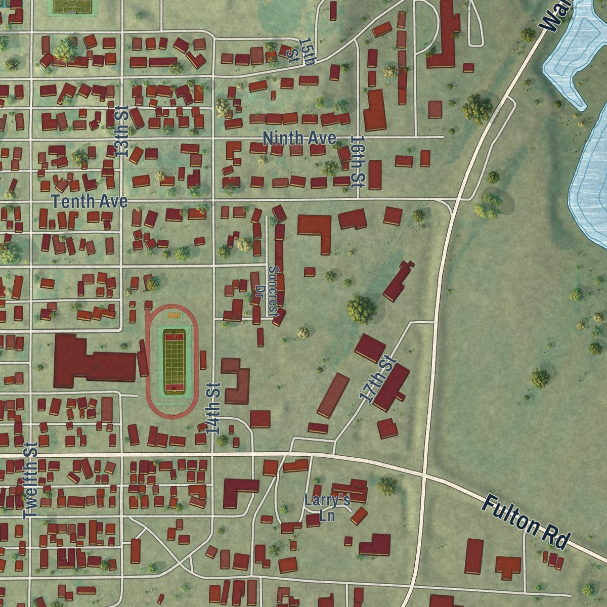 Second close-up of the map of Fulton, Illinois print showing more streets and buildings