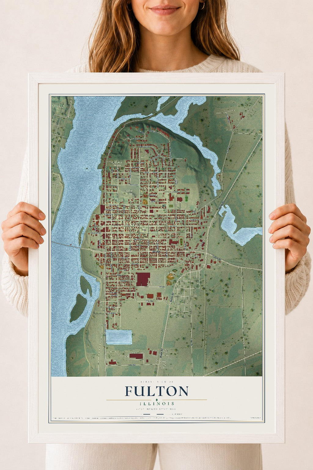 Map of Fulton, Illinois, 18 x 24 inch print in a white wood frame