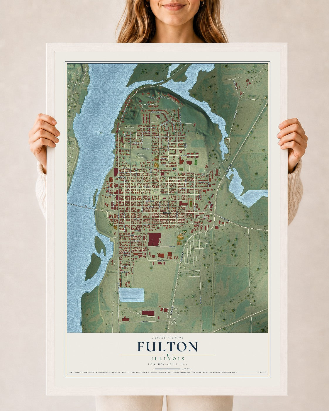 Map of Fulton, Illinois, 24 x 36 inch print in a white wood frame