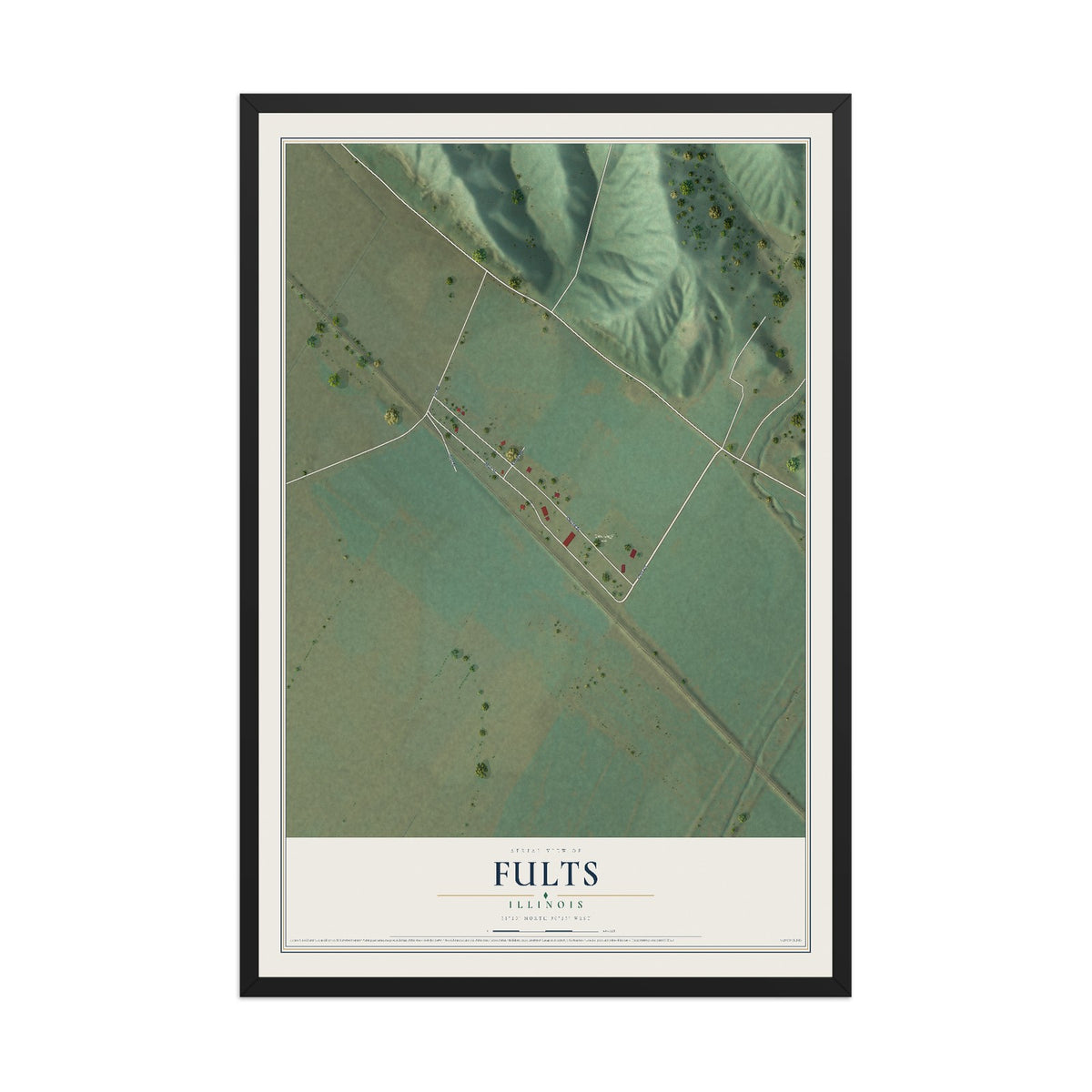 Map of Fults, Illinois, 12 x 18 inch print in a black wood frame