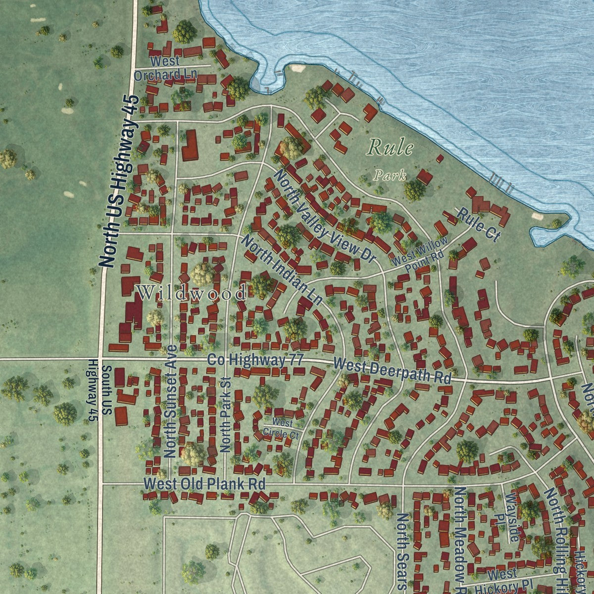 Second close-up of the map of Gages Lake, Illinois print showing more streets and buildings