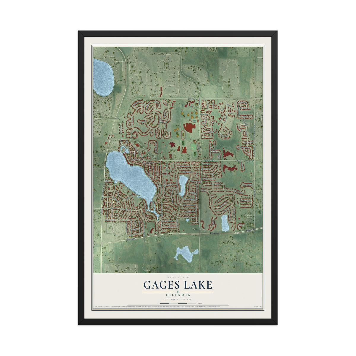 Map of Gages Lake, Illinois, 12 x 18 inch print in a black wood frame