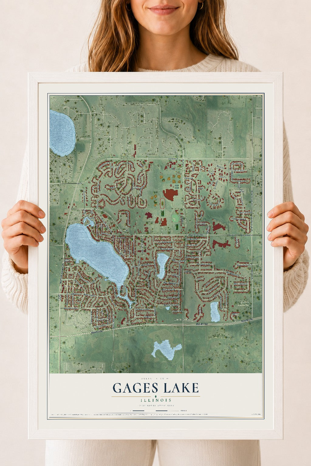 Map of Gages Lake, Illinois, 18 x 24 inch print in a white wood frame