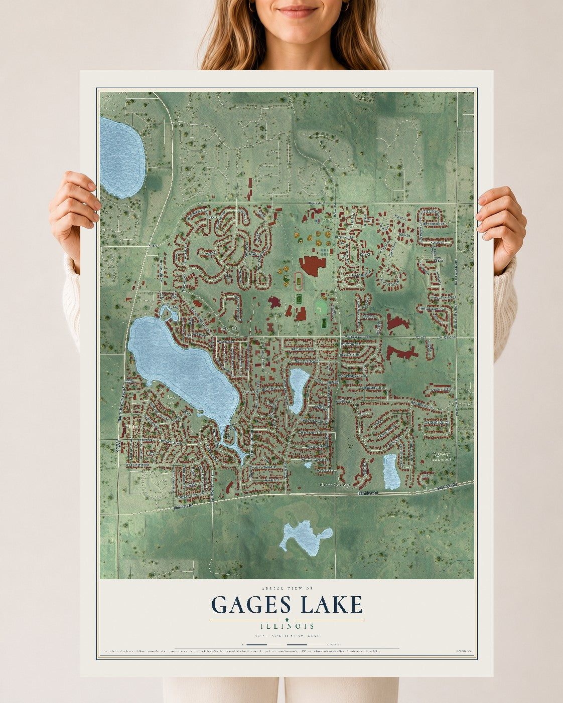 Map of Gages Lake, Illinois, 24 x 36 inch unframed archival matte print
