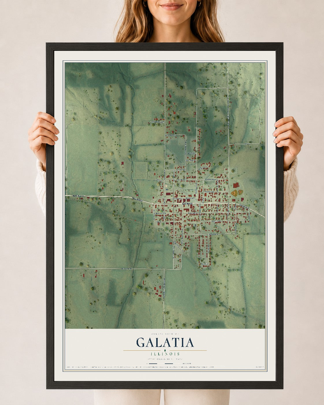 Map of Galatia, Illinois, 24 x 36 inch print in a black wood frame