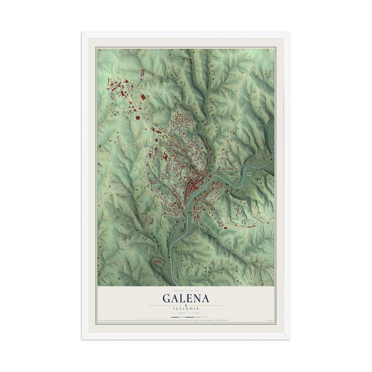 Map of Galena, Illinois, 12 x 18 inch print in a white wood frame