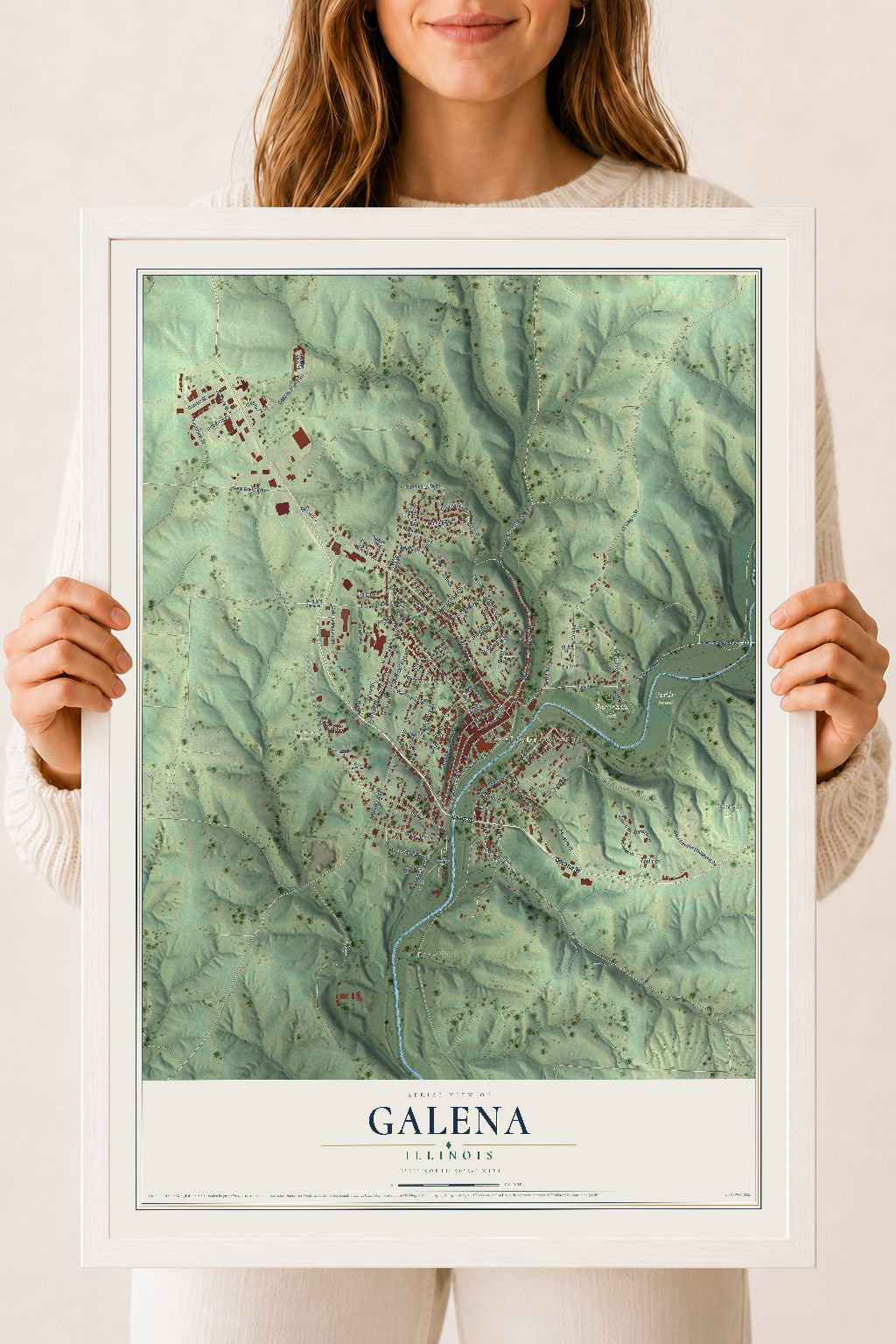 Map of Galena, Illinois, 18 x 24 inch print in a white wood frame