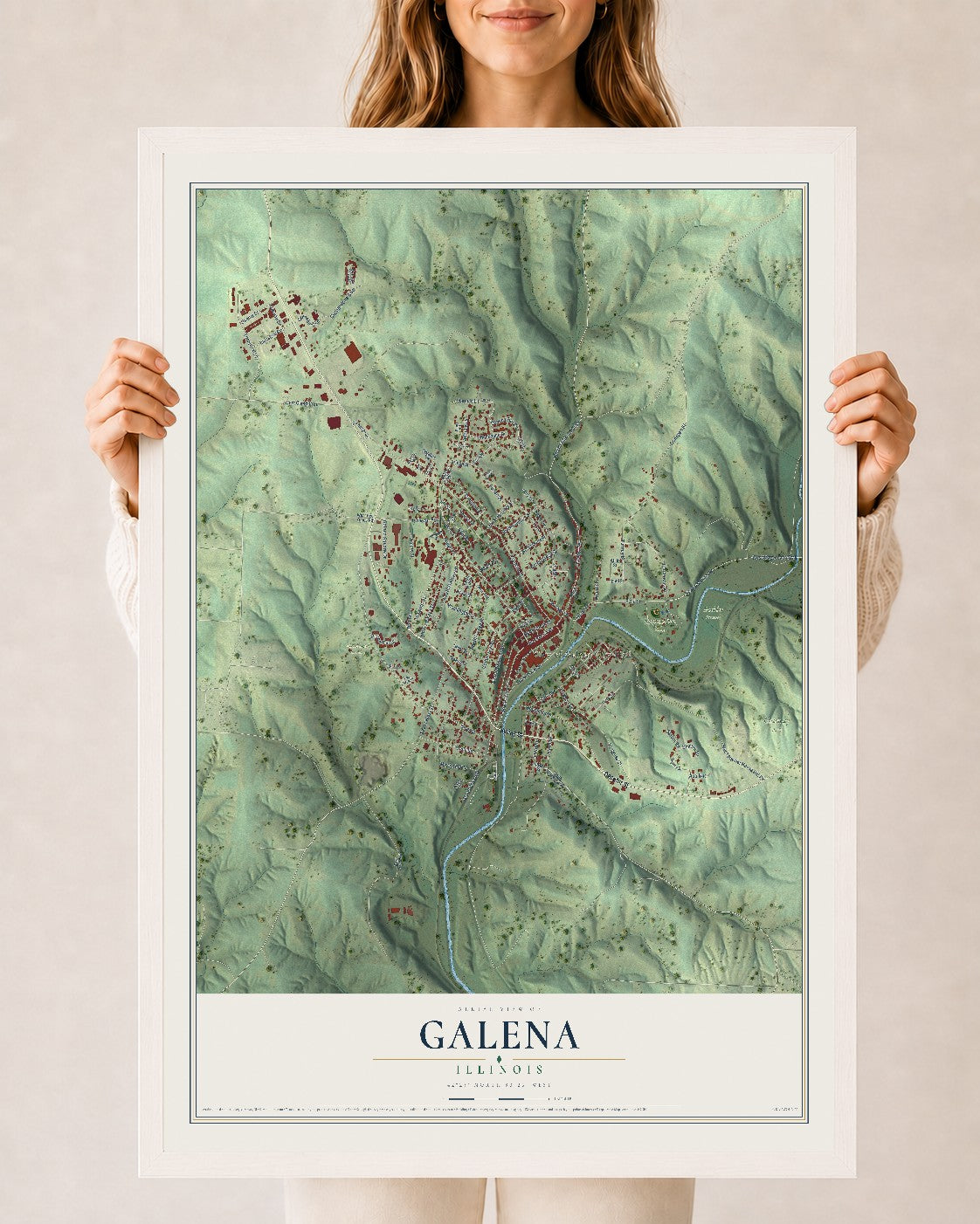 Map of Galena, Illinois, 24 x 36 inch print in a white wood frame