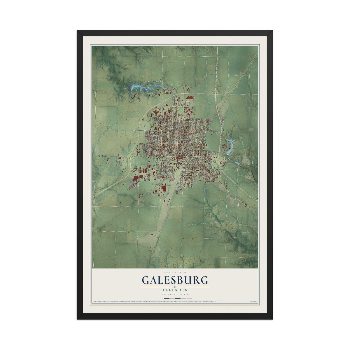 Map of Galesburg, Illinois, 12 x 18 inch print in a black wood frame