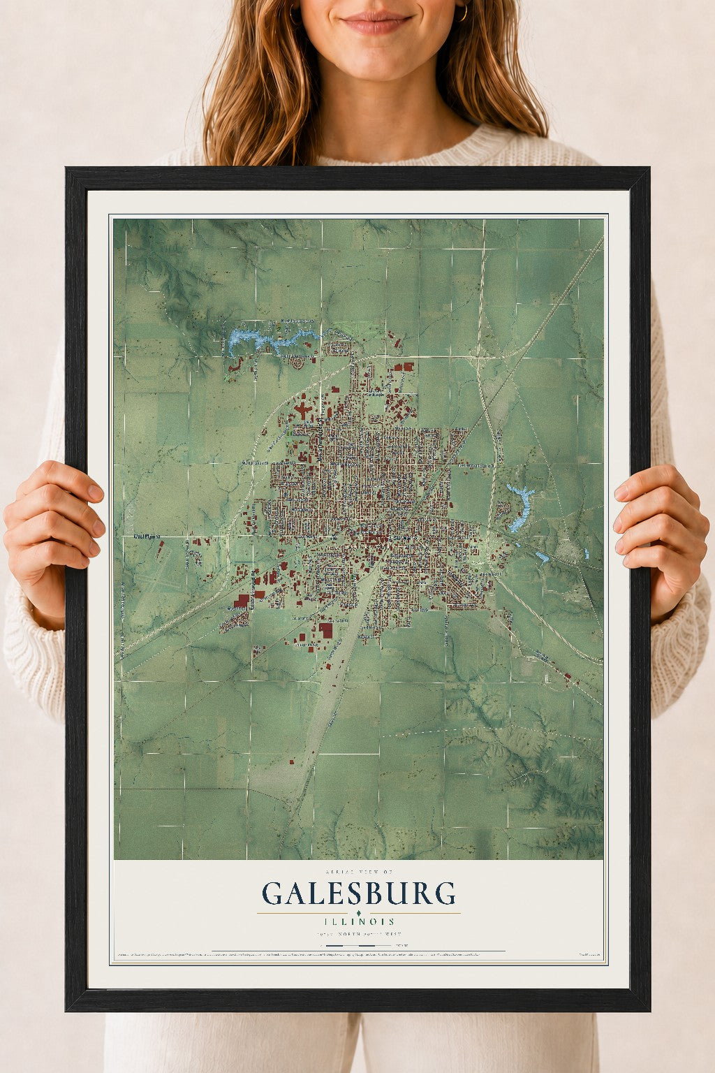 Map of Galesburg, Illinois, 18 x 24 inch print in a black wood frame