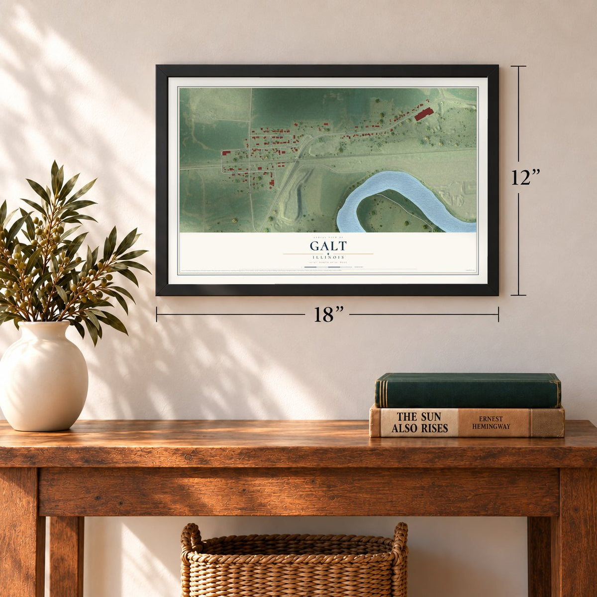 Galt, Illinois map, 12 x 18 inch print in a black frame in an entryway