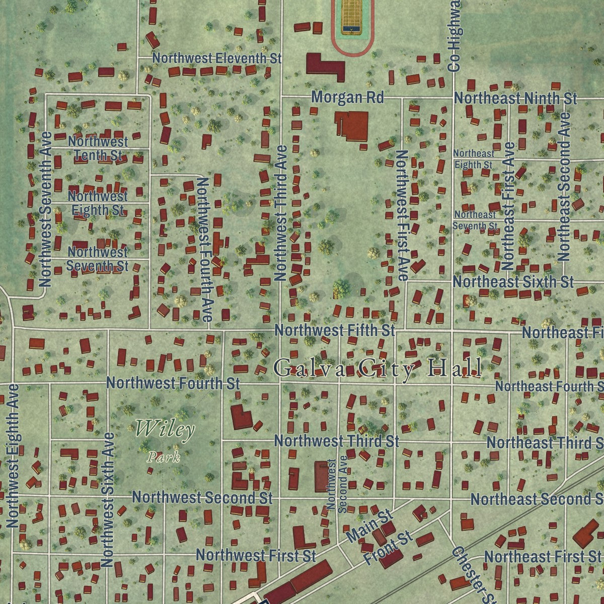 Close-up of the map of Galva, Illinois print showing street and building detail