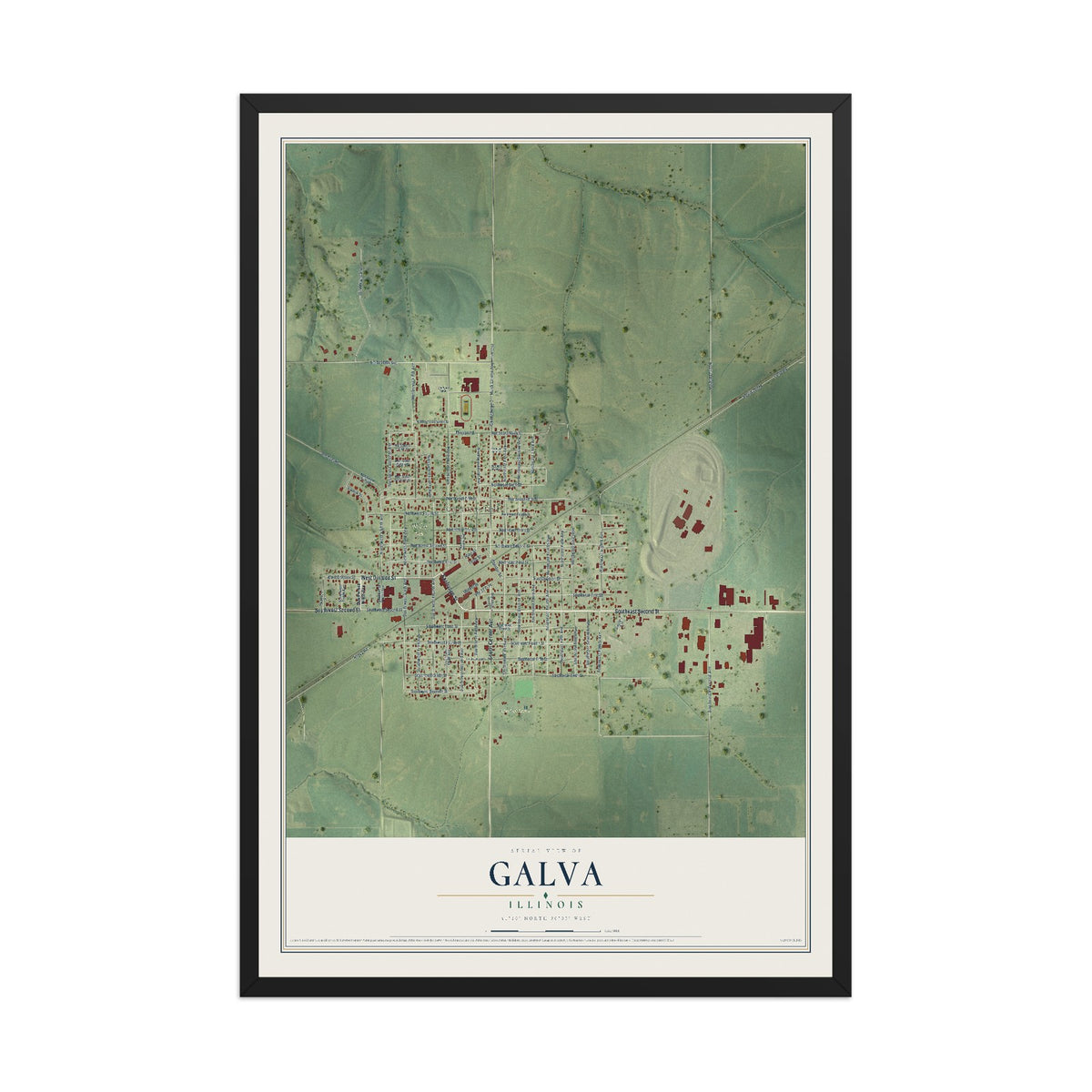 Map of Galva, Illinois, 12 x 18 inch print in a black wood frame