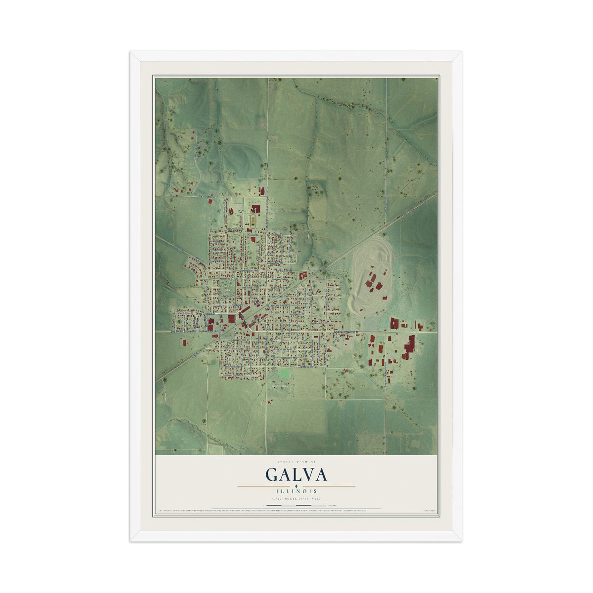 Map of Galva, Illinois, 12 x 18 inch print in a white wood frame