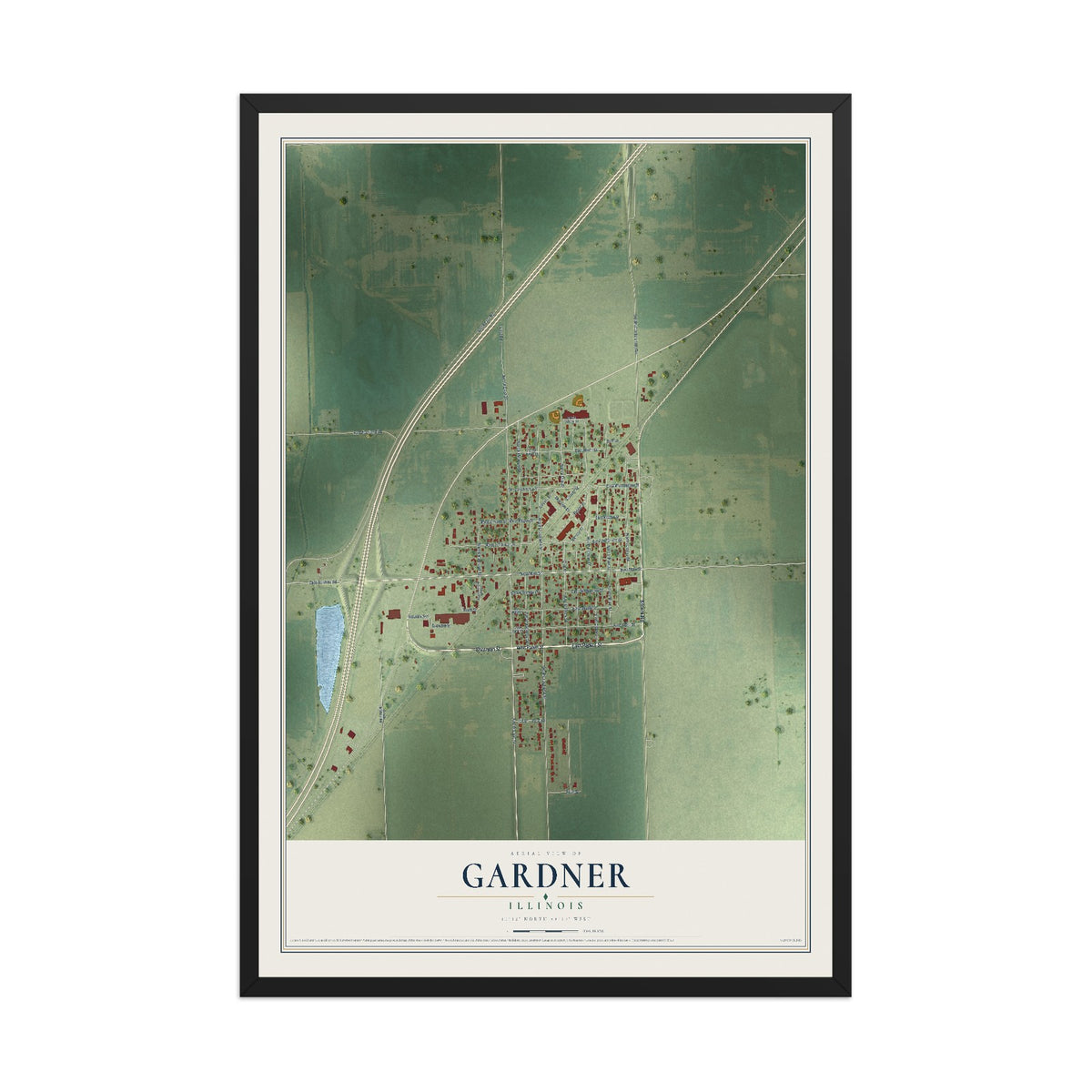Map of Gardner, Illinois, 12 x 18 inch print in a black wood frame