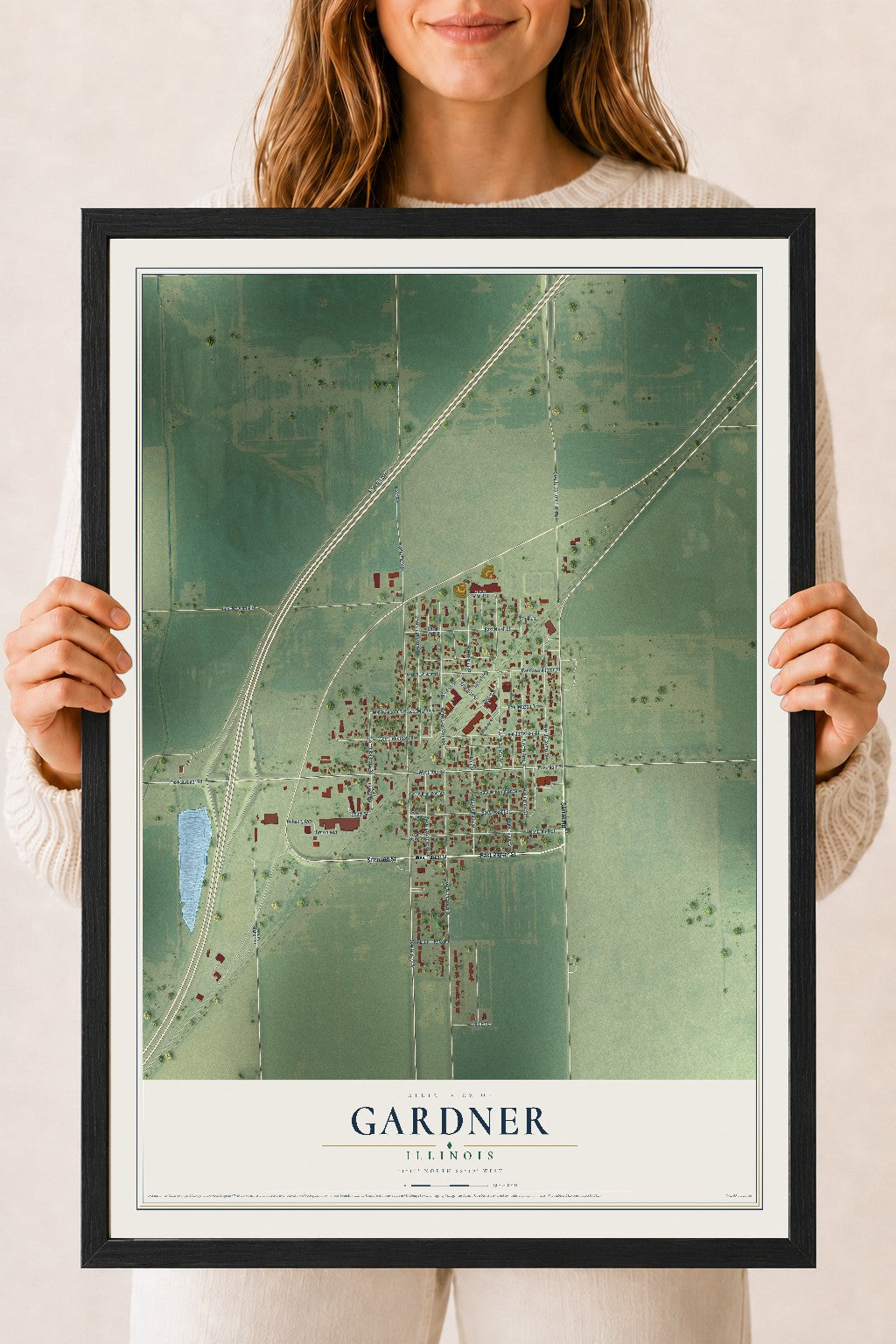 Map of Gardner, Illinois, 18 x 24 inch print in a black wood frame