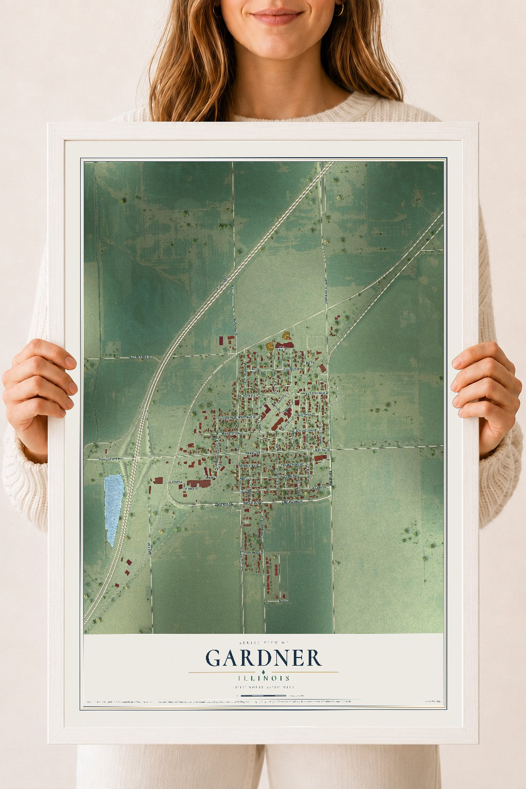 Map of Gardner, Illinois, 18 x 24 inch print in a white wood frame