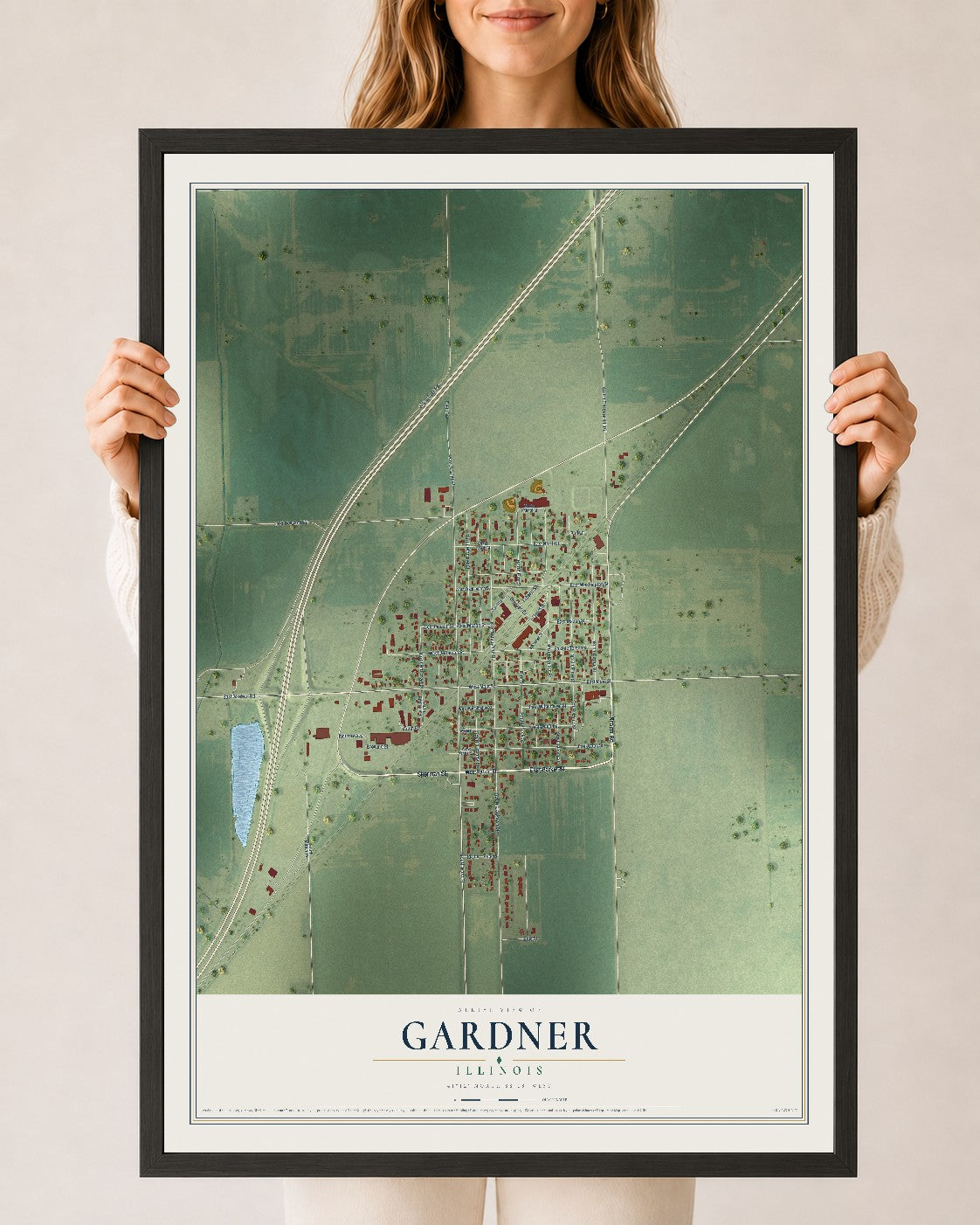 Map of Gardner, Illinois, 24 x 36 inch print in a black wood frame