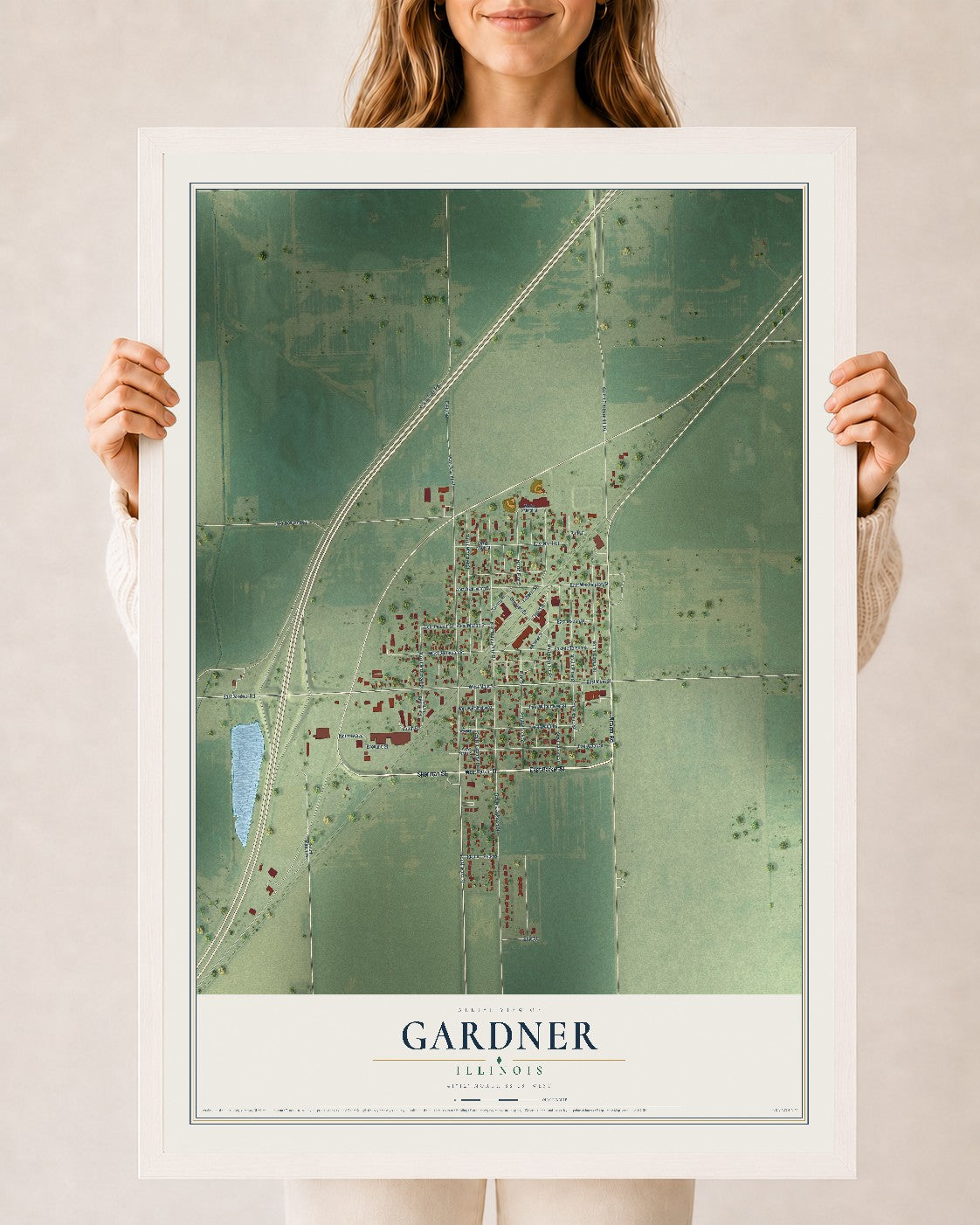 Map of Gardner, Illinois, 24 x 36 inch print in a white wood frame