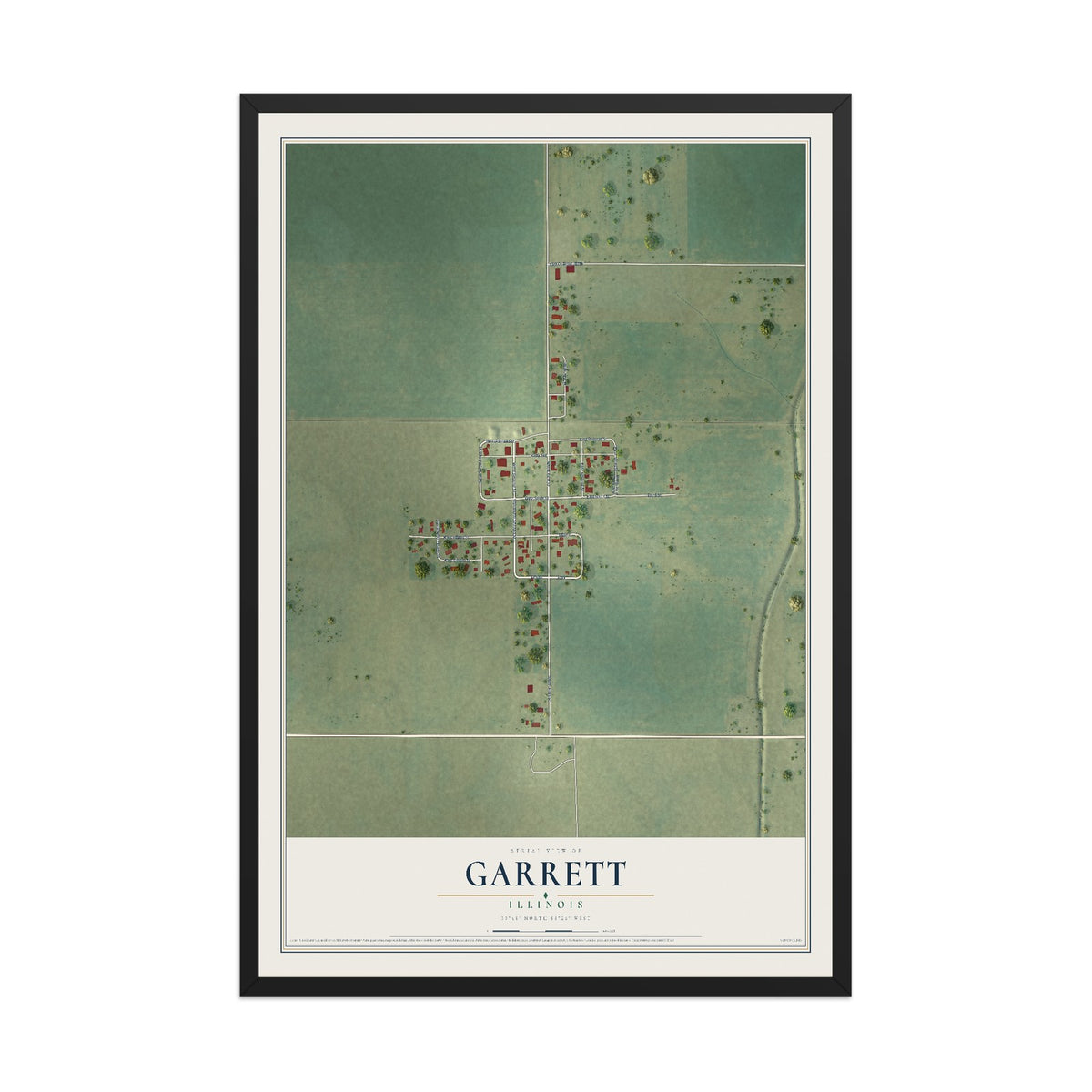 Map of Garrett, Illinois, 12 x 18 inch print in a black wood frame