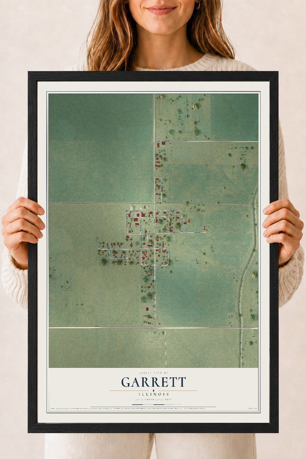 Map of Garrett, Illinois, 18 x 24 inch print in a black wood frame