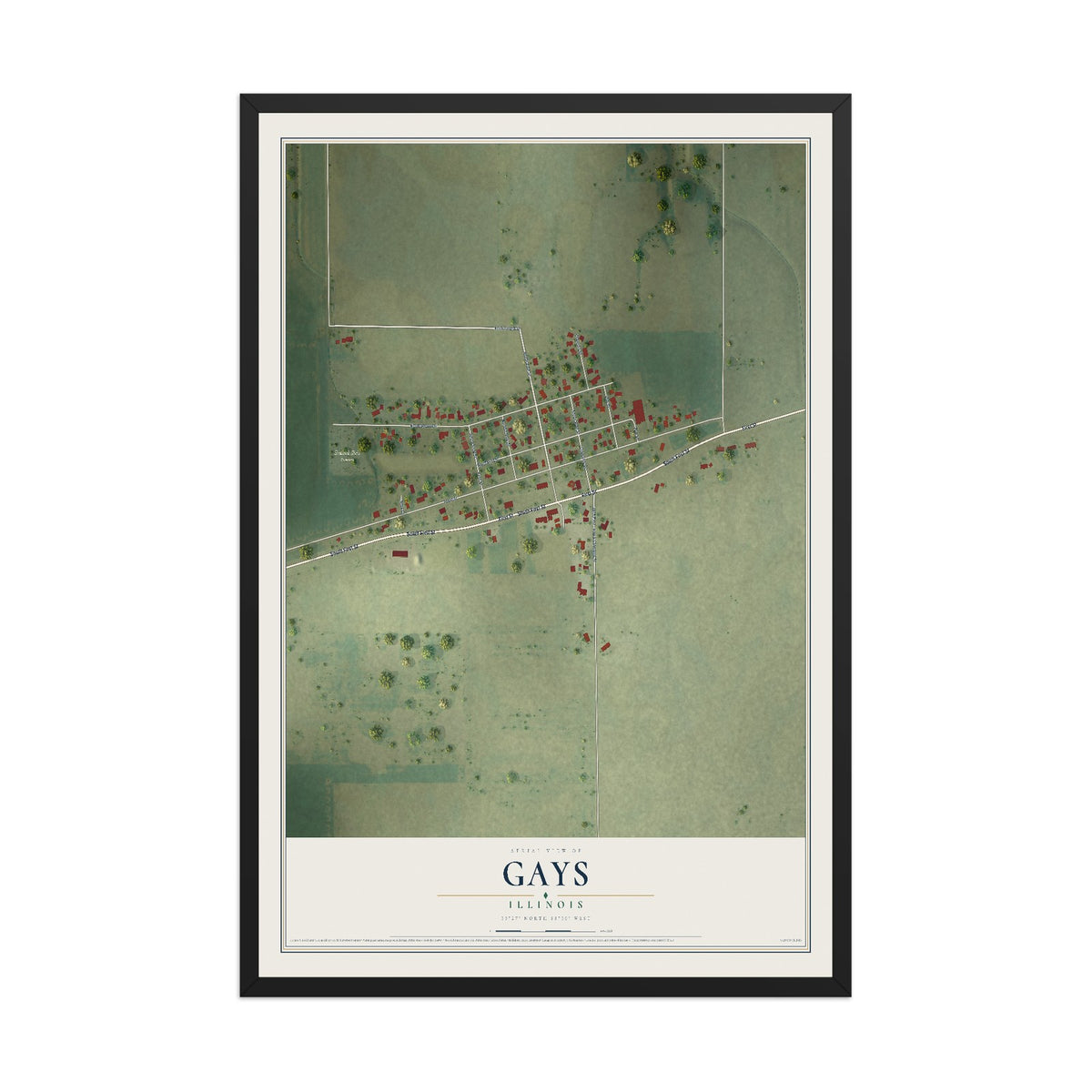 Map of Gays, Illinois, 12 x 18 inch print in a black wood frame