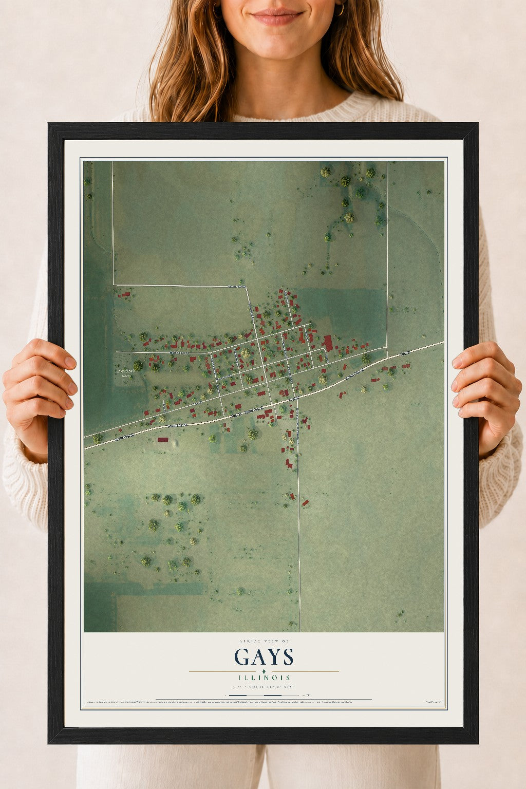 Map of Gays, Illinois, 18 x 24 inch print in a black wood frame